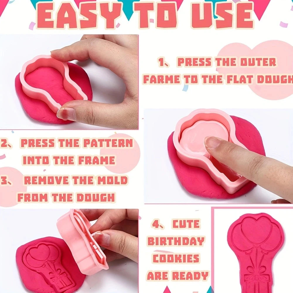 8-Piece Happy Birthday Cookie Cutter Set – Pressable Cartoon Biscuit Molds