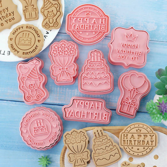 8-Piece Happy Birthday Cookie Cutter Set – Pressable Cartoon Biscuit Molds