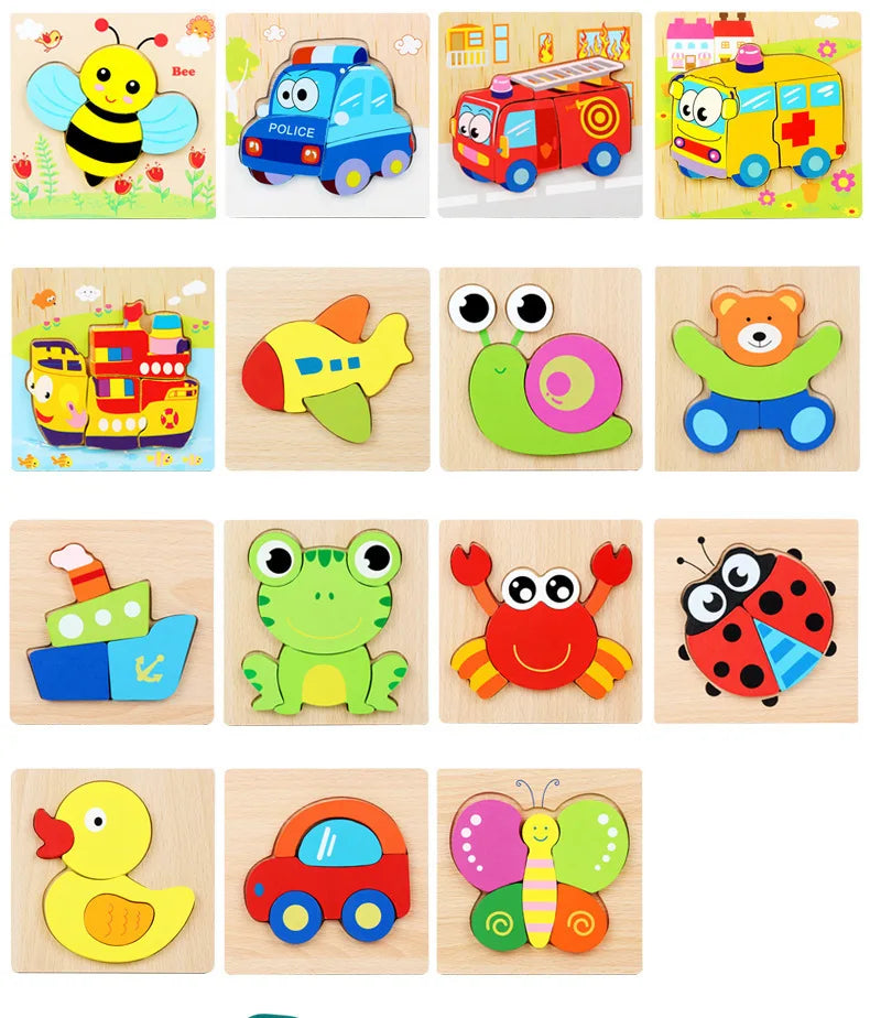 3D Wooden Cartoon Animal & Traffic Puzzle – Early Learning Educational Toy
