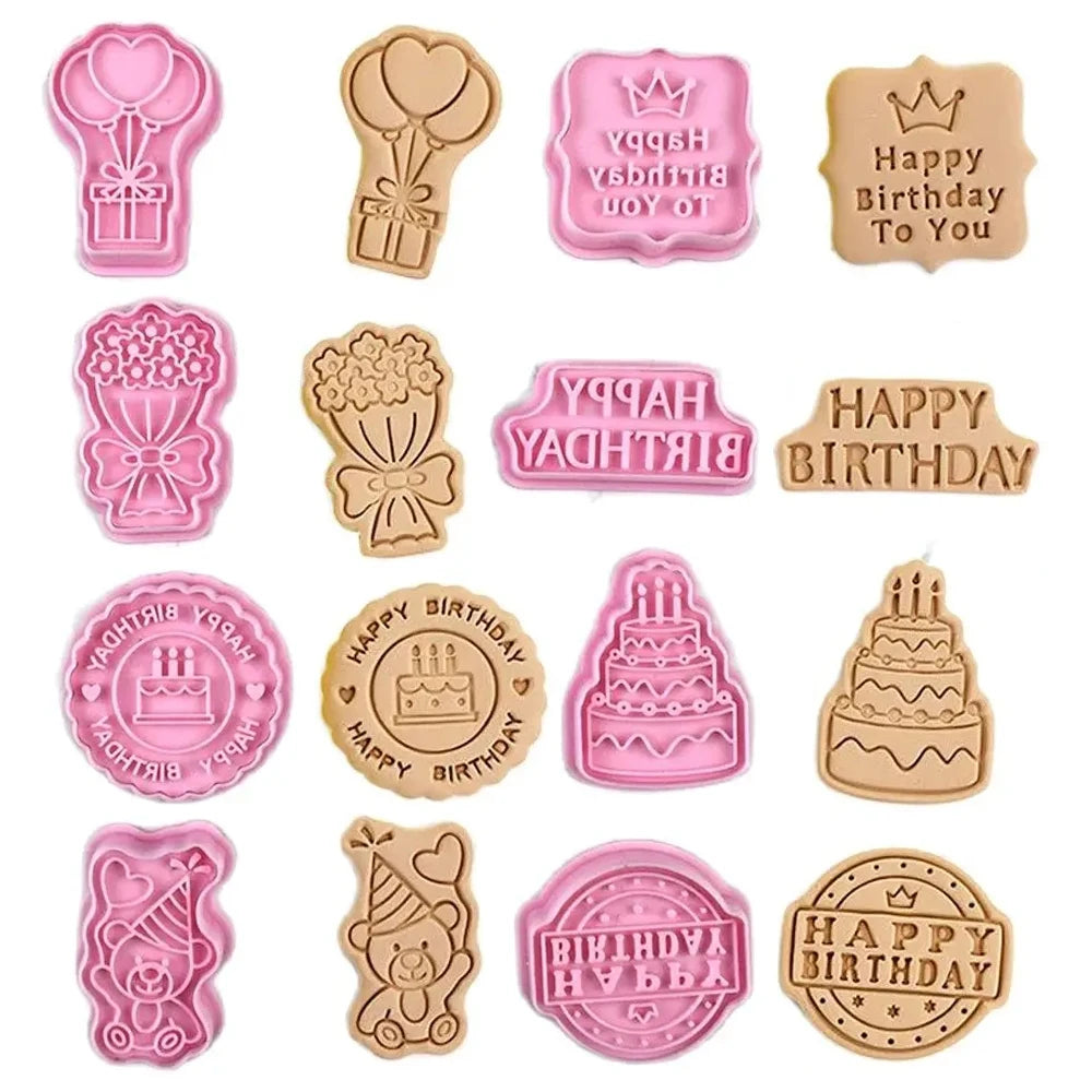 8-Piece Happy Birthday Cookie Cutter Set – Pressable Cartoon Biscuit Molds