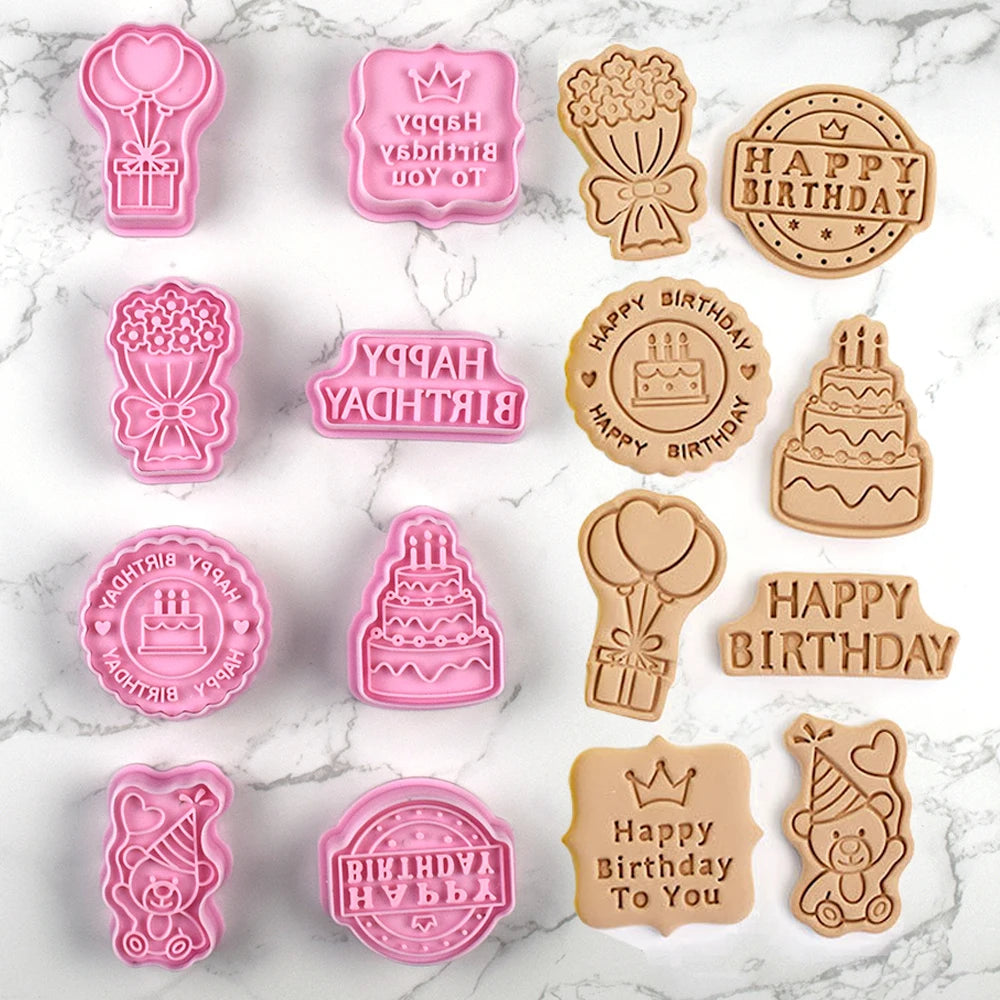 8-Piece Happy Birthday Cookie Cutter Set – Pressable Cartoon Biscuit Molds