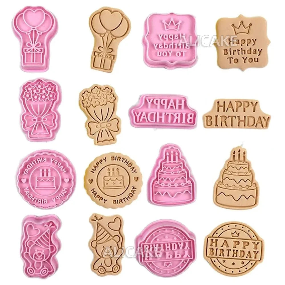 8-Piece Happy Birthday Cookie Cutter Set – Pressable Cartoon Biscuit Molds