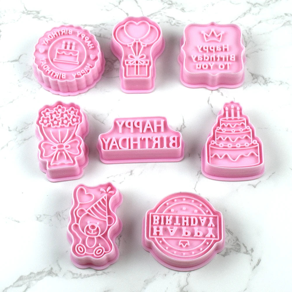 8-Piece Happy Birthday Cookie Cutter Set – Pressable Cartoon Biscuit Molds