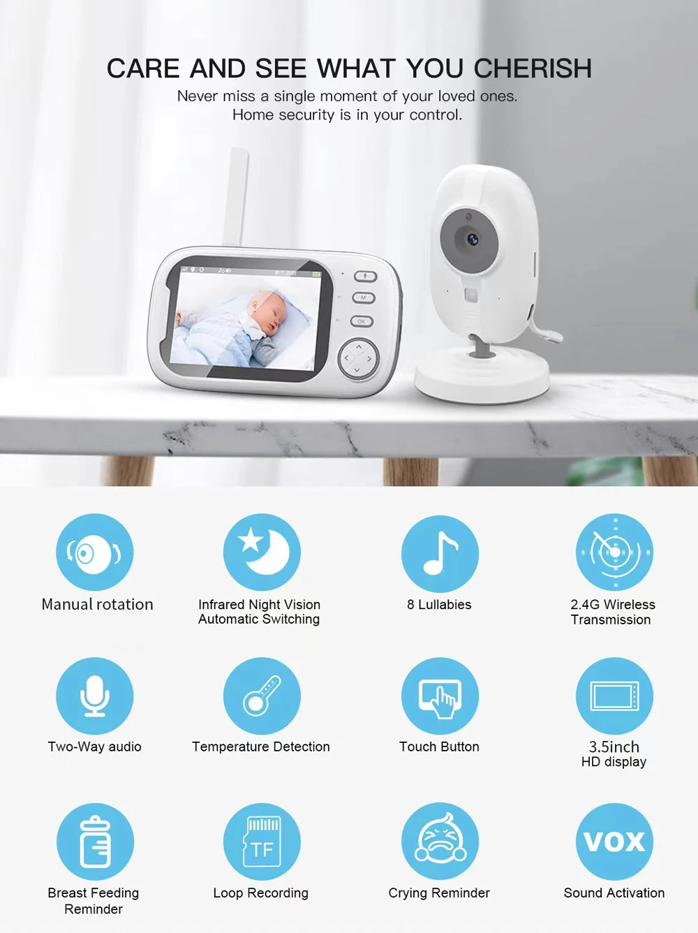 3.5-Inch Wireless Video Baby Monitor – Night Vision & Two-Way Audio