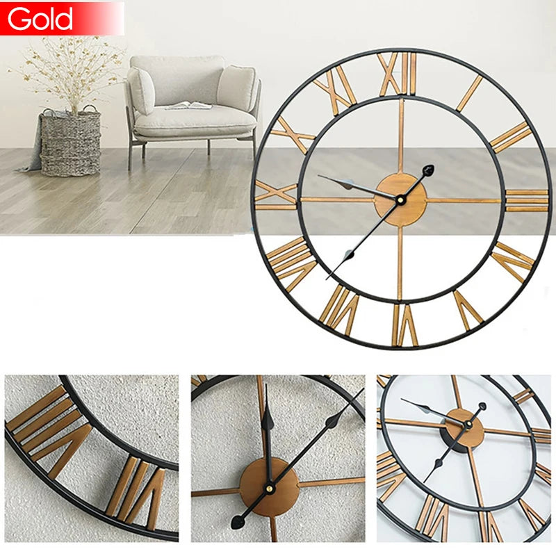Modern 3D Large Retro Metal Wall Clock – Nordic Roman Numerals Design