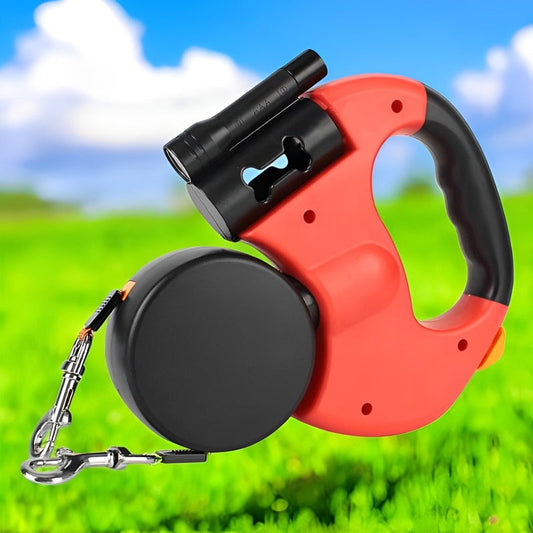 10FT Dual Retractable Dog Leash with Built-In Flashlight & Waste Bag Holder