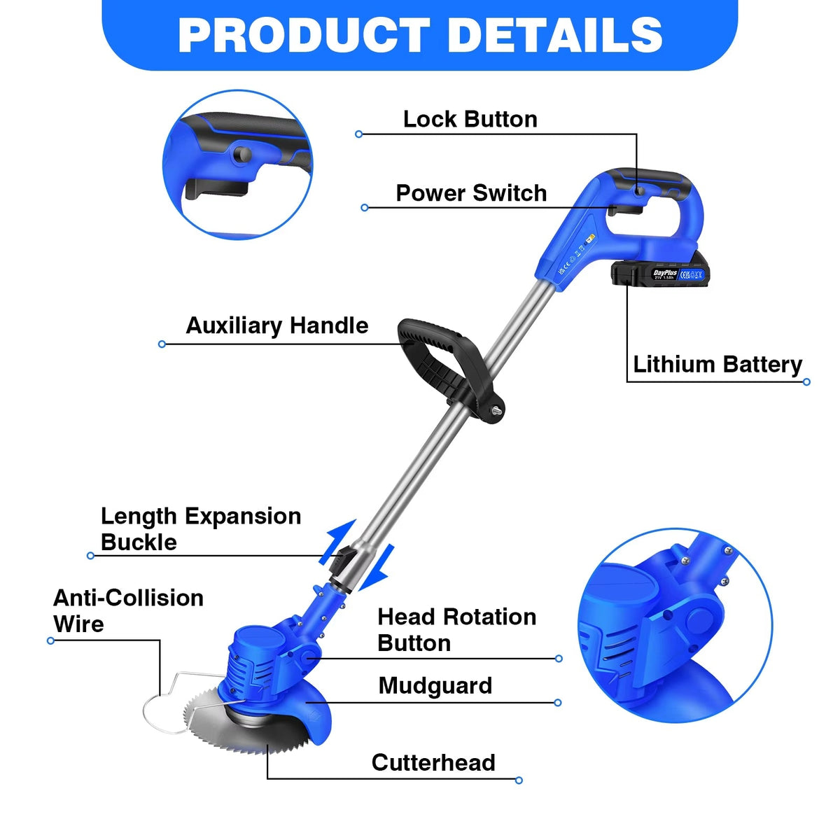 Hud & Jur | Battery Operated Cordless Grass Trimmer & Carbon Steel Weed Brush