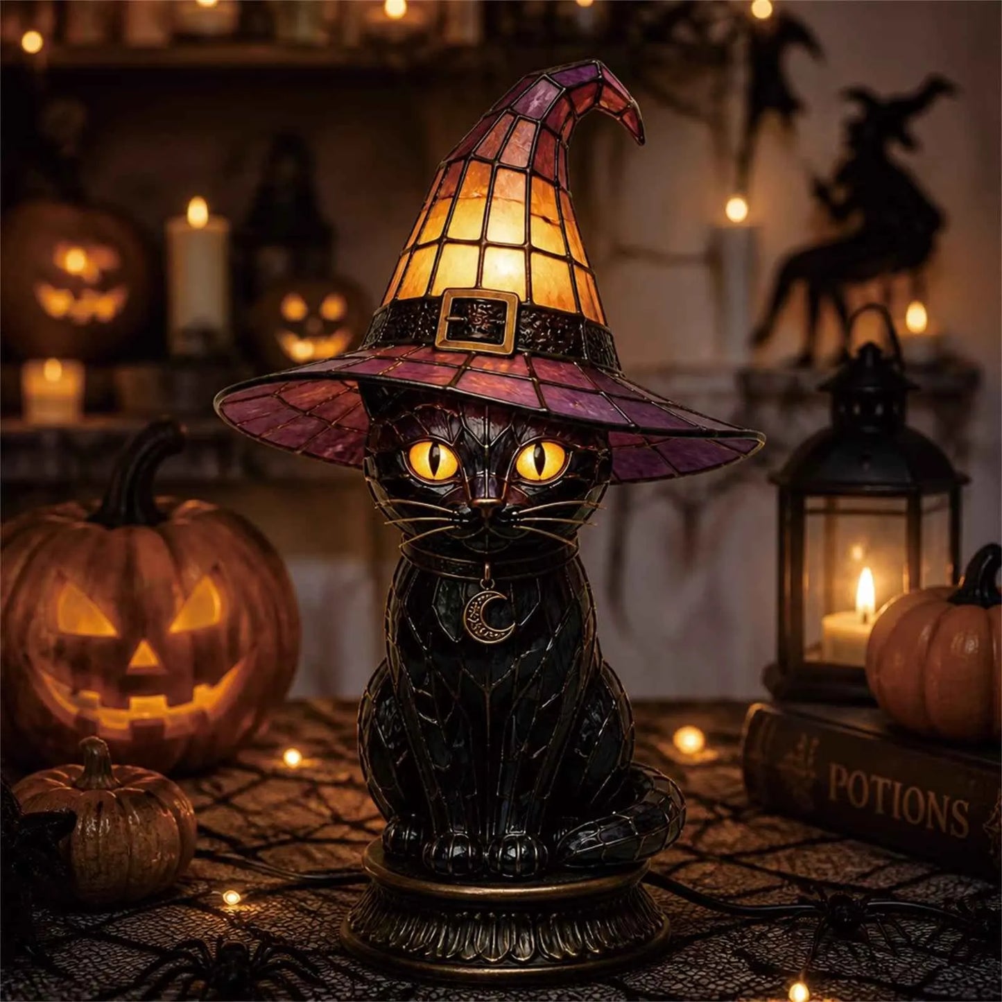 Ventayo – Vintage-natlampe med kat i Tiffany-stil