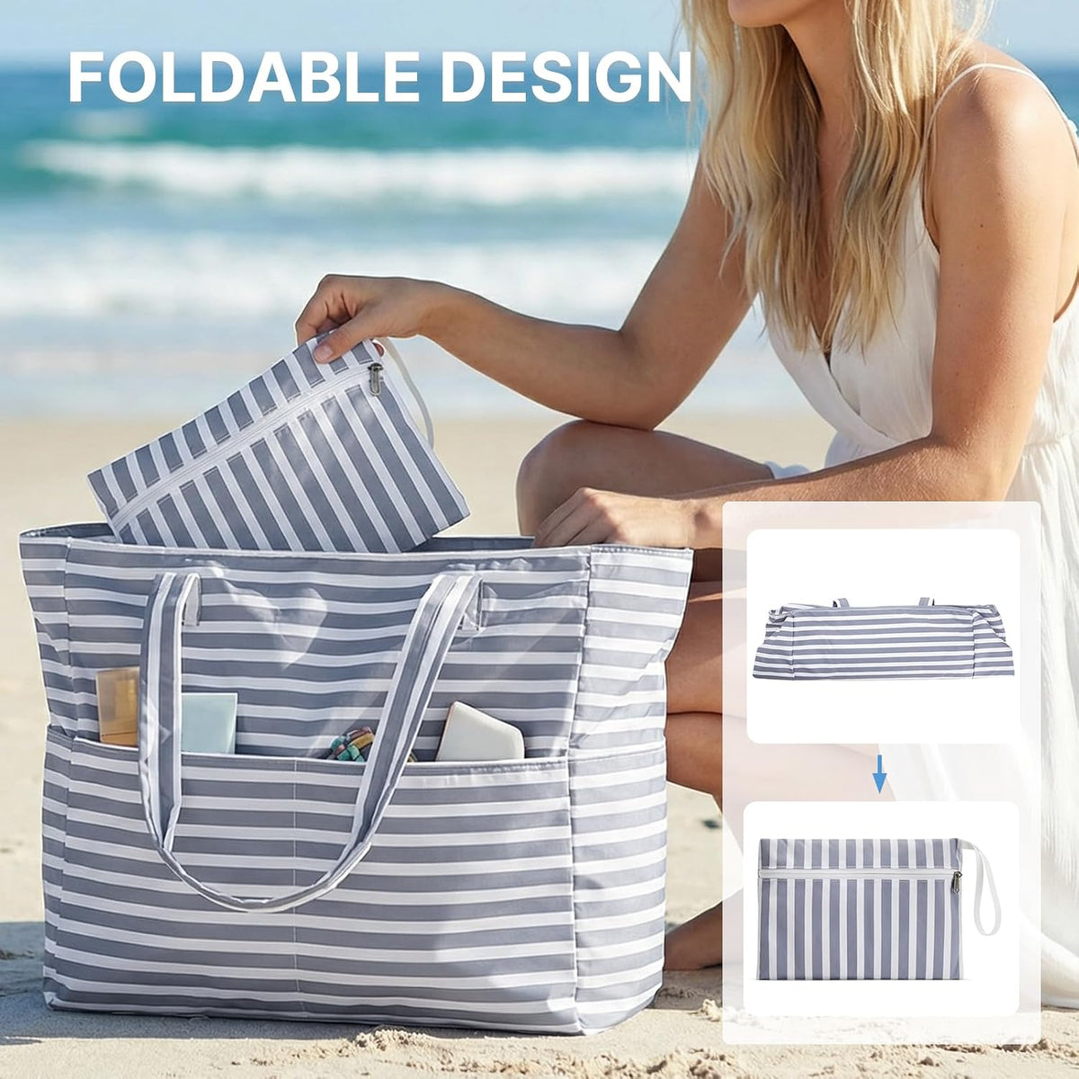 Hudson & Jurgen – Ultimate Beach Tote Bag | Waterproof & Sandproof Large Bag with Zipper | Foldable Design for Easy Travel and Storage
