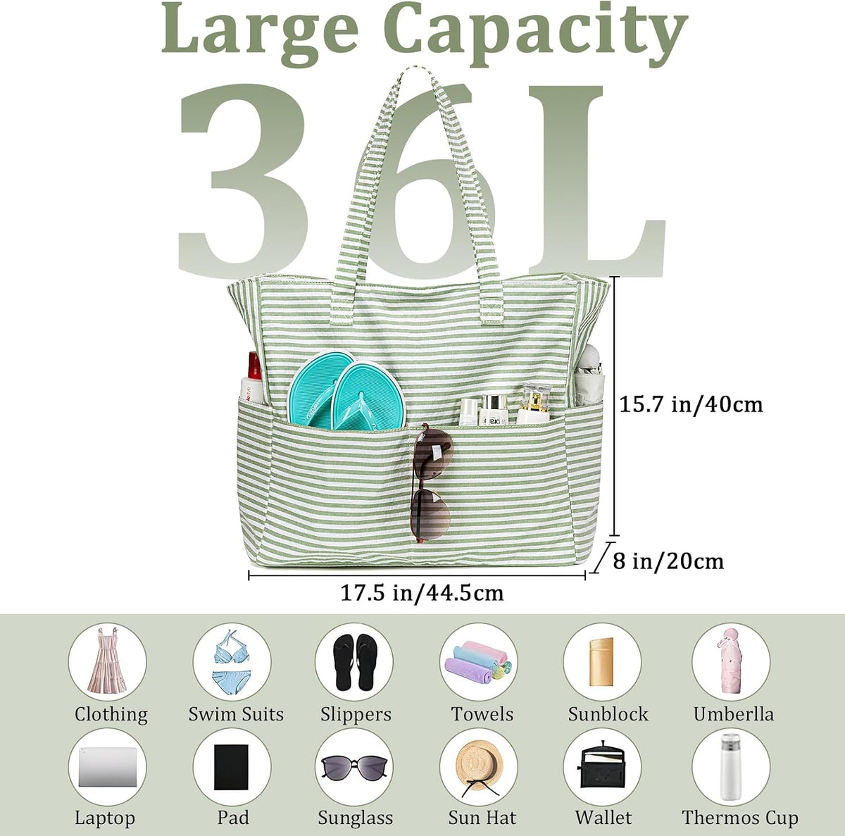 Hudson & Jurgen – Coastal Collection | Large Waterproof Beach Tote Bag with Zipper & Wet Pocket | Versatile for Travel, Gym, and Grocery