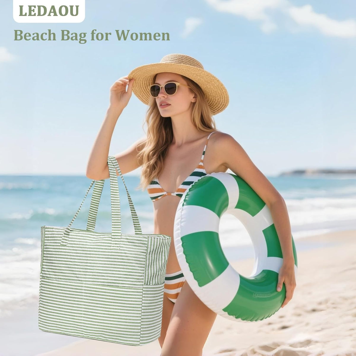 Hudson & Jurgen – Coastal Collection | Large Waterproof Beach Tote Bag with Zipper & Wet Pocket | Versatile for Travel, Gym, and Grocery