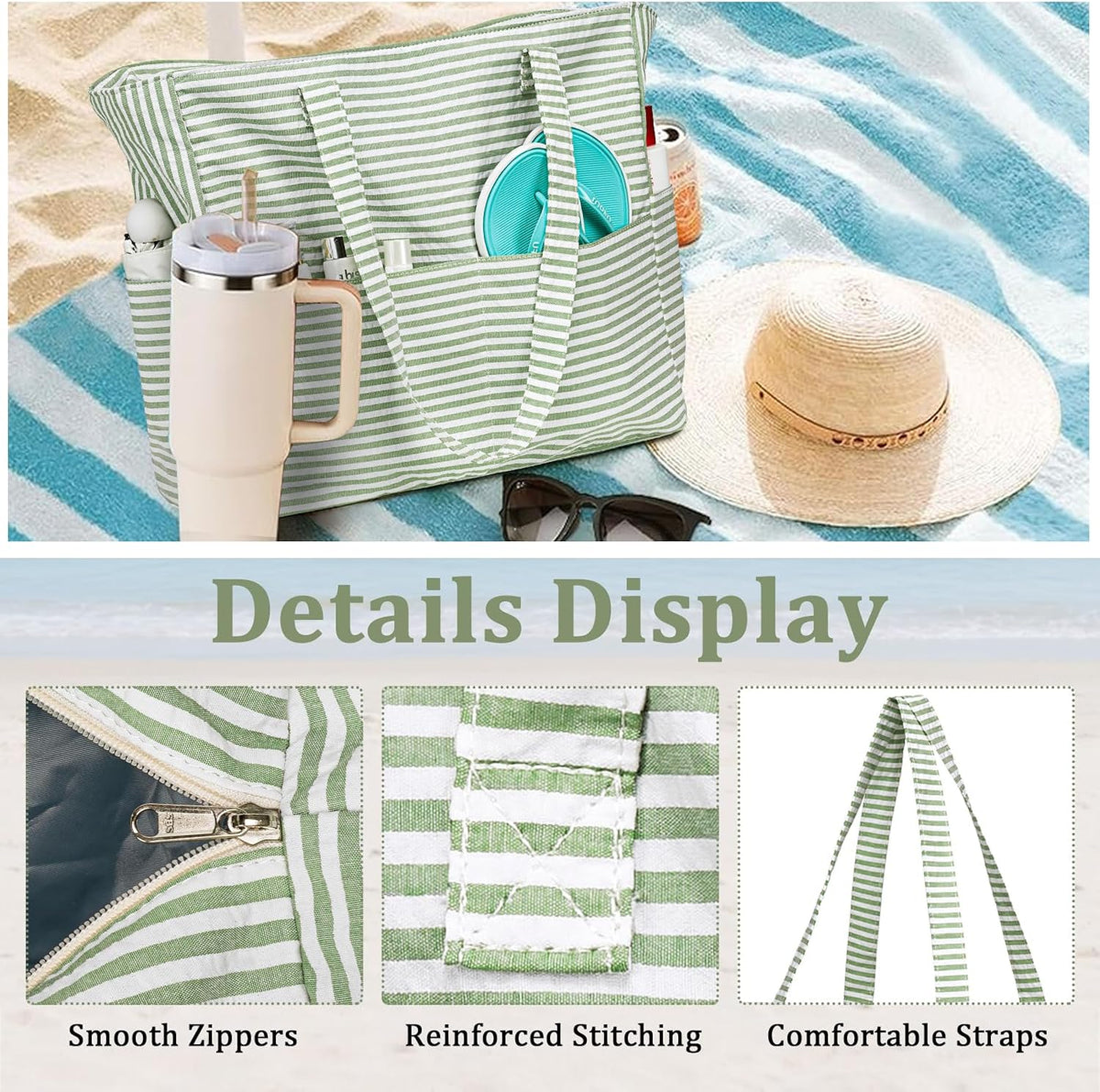 Hudson & Jurgen – Coastal Collection | Large Waterproof Beach Tote Bag with Zipper & Wet Pocket | Versatile for Travel, Gym, and Grocery