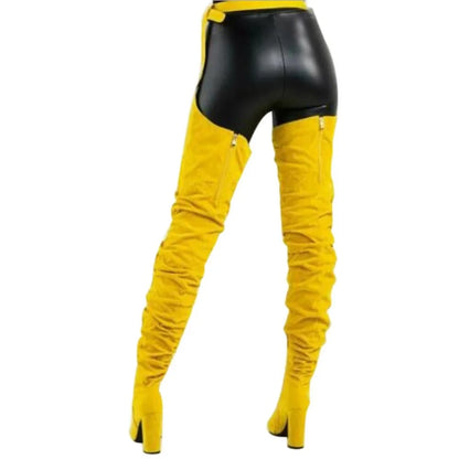 Kvinder Falsk Ruskind Lårhøje Taljebælte Klodsede Høje Hæl Slouch Støvler | Over Knæet Taljebælte Støvler