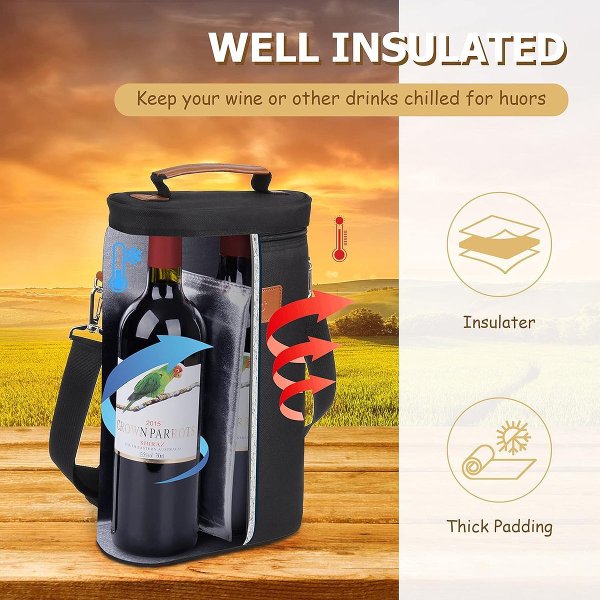 Hudson & Jurgen – Insulated Dual Wine Bottle Carrier Bag with Padded Divider | Leakproof Design for Optimal Temperature