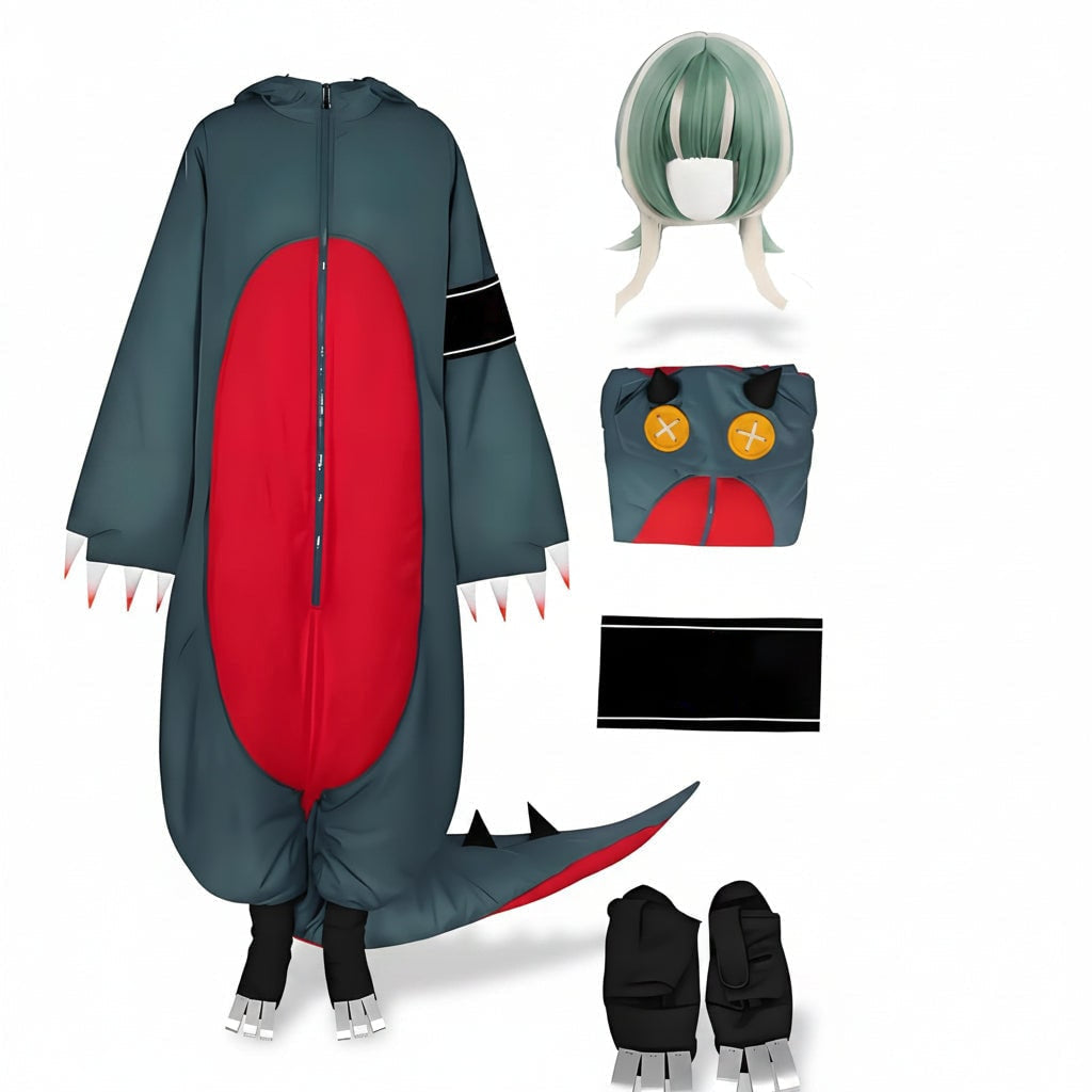 Hudson & Jurgen – Dinosaurierkostüm | Jumpsuit für Erwachsene mit Perücke und Schuhüberziehern | Lustiges Cosplay-Outfit für Halloween