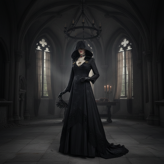 Ventayo – Gothic-Vampirkostüm | Elegantes schwarzes Kleid mit Umhang und Accessoires für einen auffälligen Halloween-Look