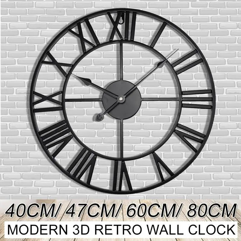 Modern 3D Large Retro Metal Wall Clock – Nordic Roman Numerals Design