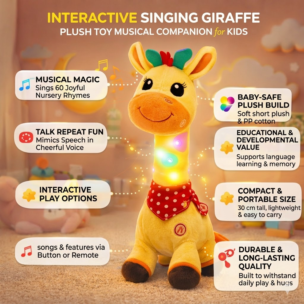 Hudson & Jurgen – Interactief zingend giraffenknuffeldier met kinderliedjes en spraaknabootsing | Boeiende muzikale metgezel voor de ontwikkeling van jonge kinderen