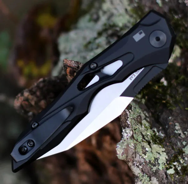 Hudson & Jurgen – Automatic Utility Knife | Wharncliffe Folding Pocket Knife with Push Button Opening | Compact EDC Knife for Outdoor & Camping
