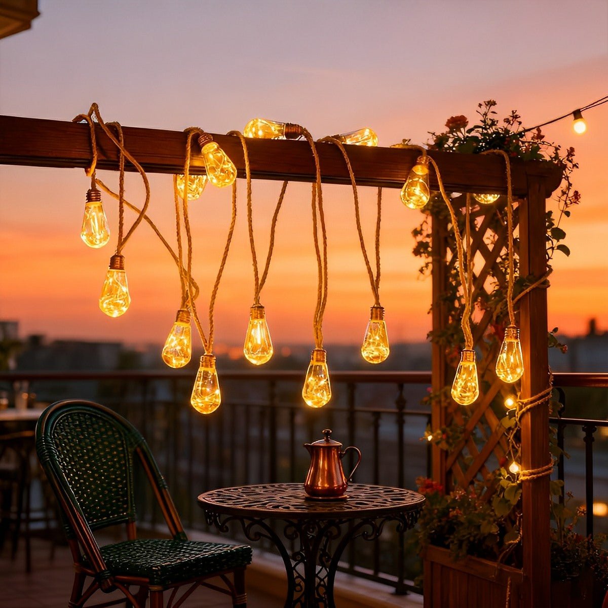 Hudson & Jurgen – Outdoor String Lights | Solar-Powered LED Bulbs with Hemp Rope Design | Warm White Light for Patios and Gardens