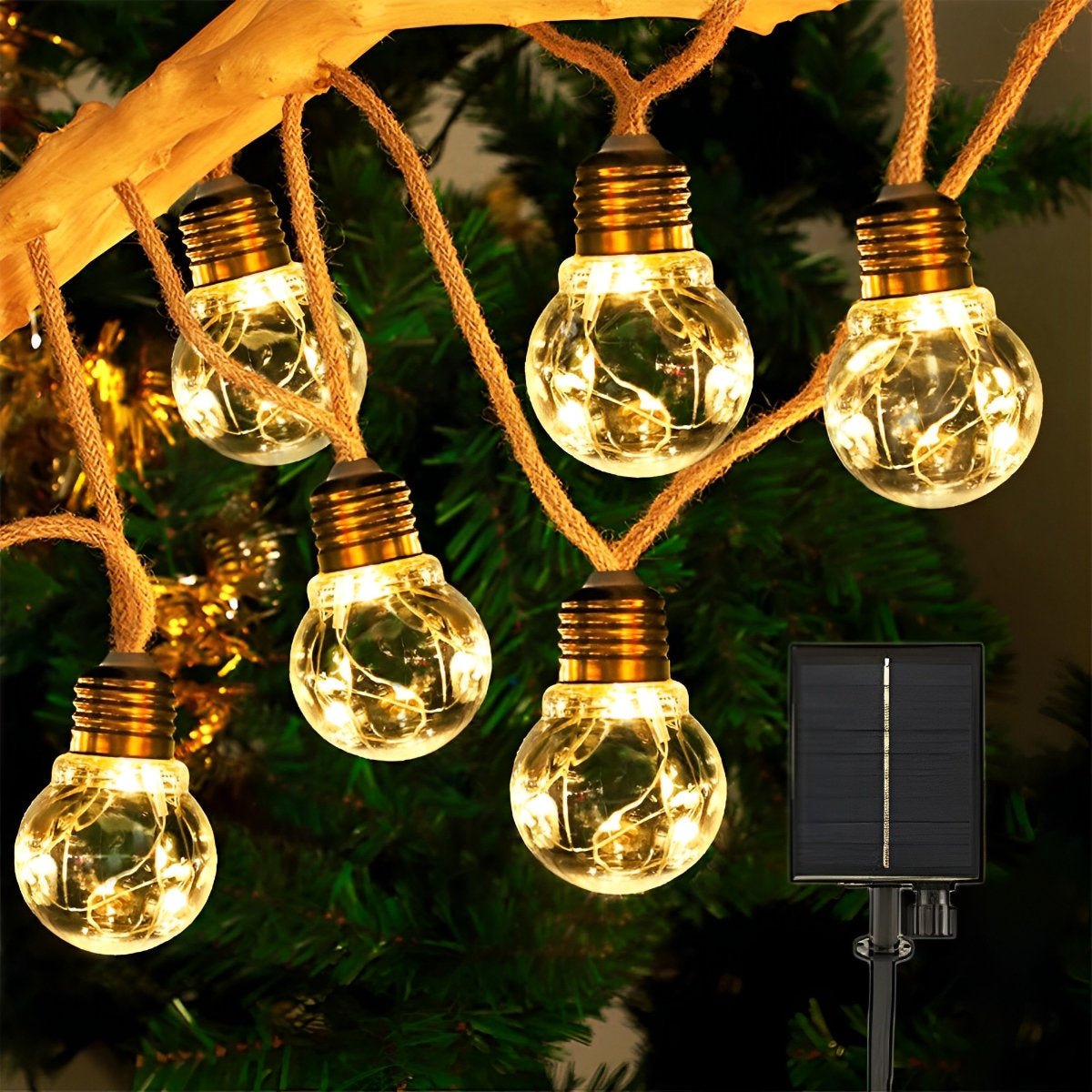 Hudson & Jurgen – Outdoor String Lights | Solar-Powered LED Bulbs with Hemp Rope Design | Warm White Light for Patios and Gardens