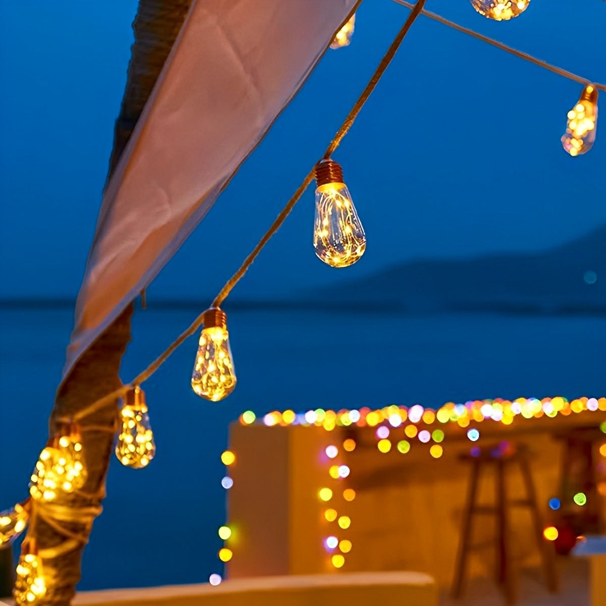 Hudson & Jurgen – Outdoor String Lights | Solar-Powered LED Bulbs with Hemp Rope Design | Warm White Light for Patios and Gardens