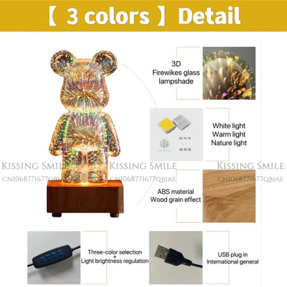 3D Fireworks Bear LED Night Light – Colorful Ambient Lamp