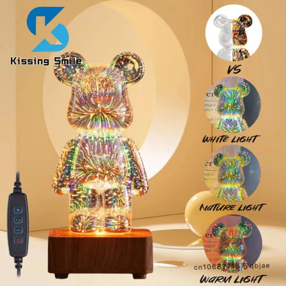 3D Fireworks Bear LED Night Light – Colorful Ambient Lamp