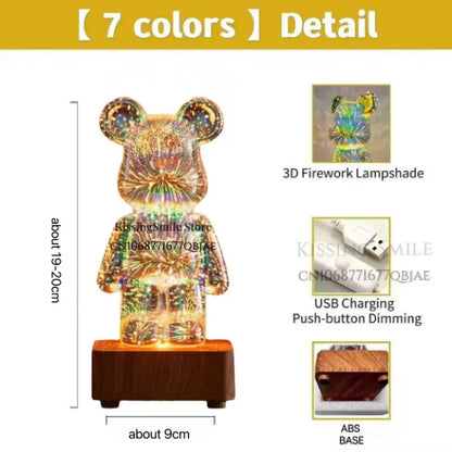 3D Fireworks Bear LED Night Light – Colorful Ambient Lamp
