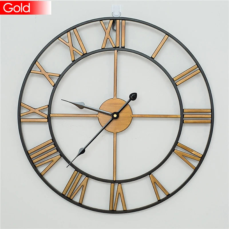 Modern 3D Large Retro Metal Wall Clock – Nordic Roman Numerals Design