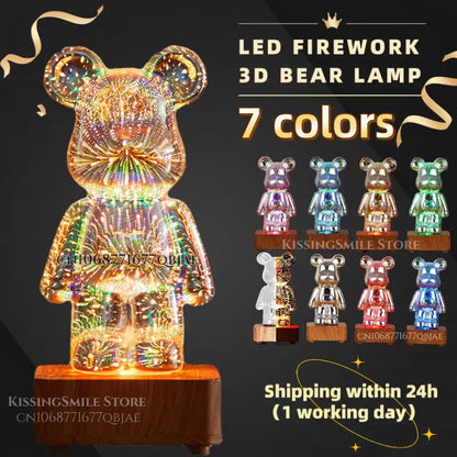 3D Fireworks Bear LED Night Light – Colorful Ambient Lamp