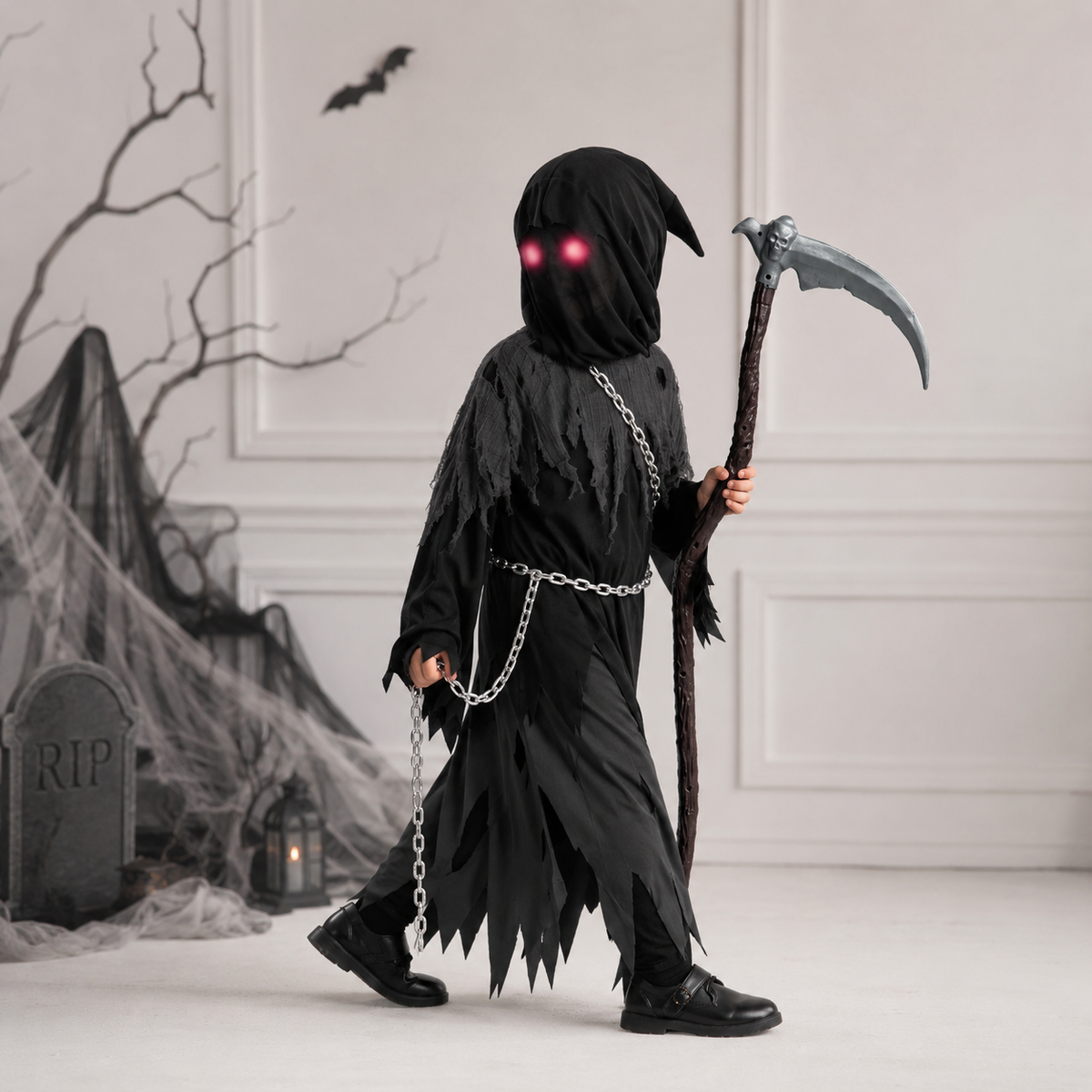 Hudson & Jurgen – Griezelige kostuumcollectie | Set met gewaad en capuchon van de Magere Hein met lichtgevende ogen | Perfect voor Halloweenplezier