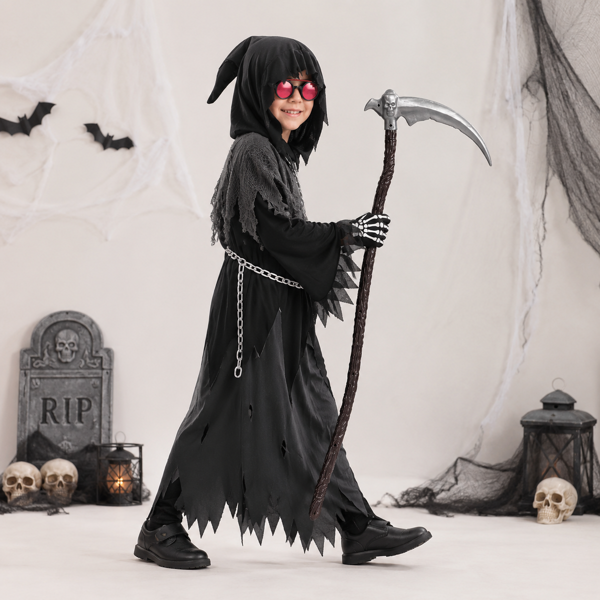 Hudson & Jurgen – Griezelige kostuumcollectie | Set met gewaad en capuchon van de Magere Hein met lichtgevende ogen | Perfect voor Halloweenplezier