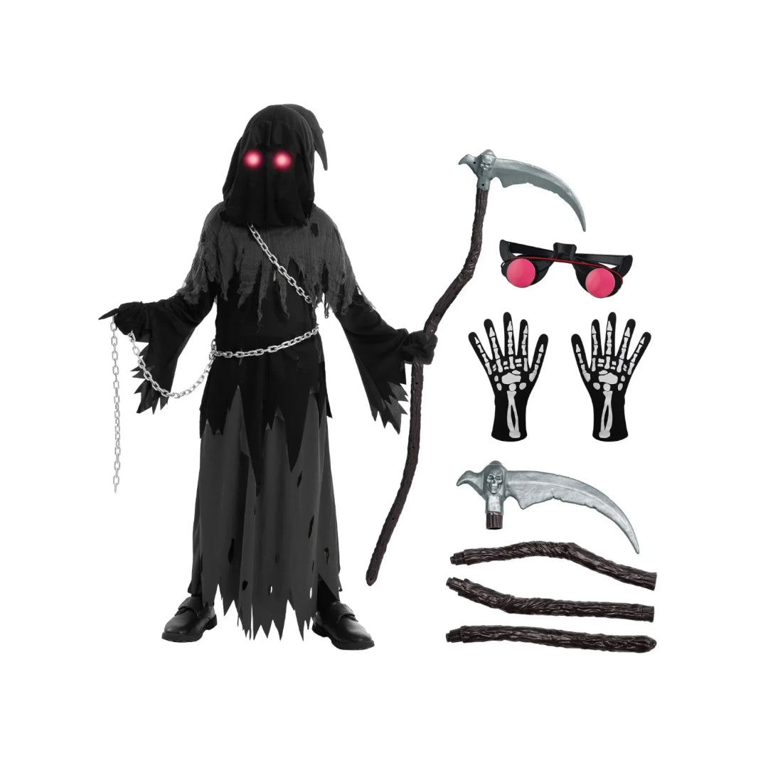 Hudson & Jurgen – Griezelige kostuumcollectie | Set met gewaad en capuchon van de Magere Hein met lichtgevende ogen | Perfect voor Halloweenplezier