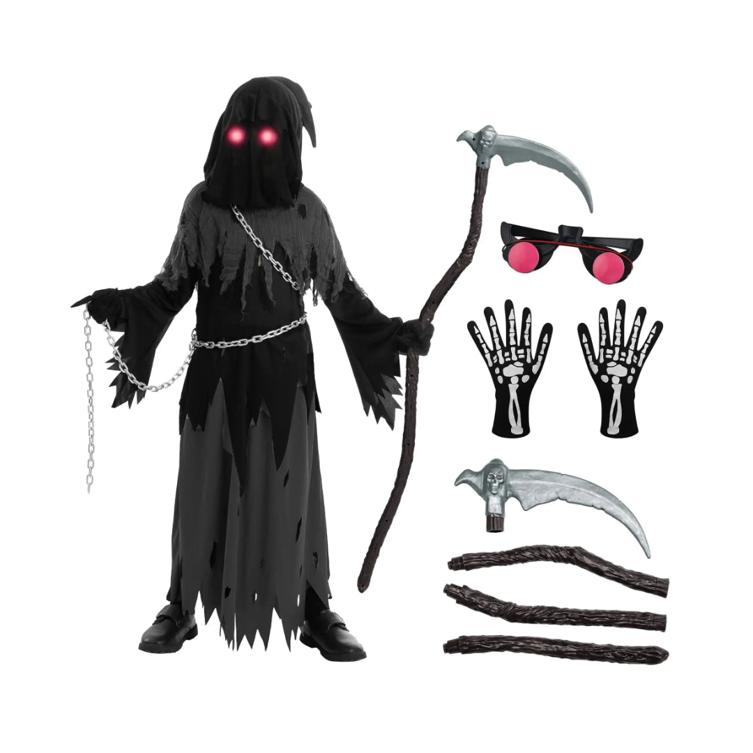 Hudson & Jurgen – Griezelige kostuumcollectie | Set met gewaad en capuchon van de Magere Hein met lichtgevende ogen | Perfect voor Halloweenplezier