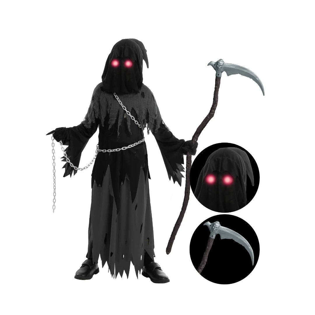 Hudson & Jurgen – Griezelige kostuumcollectie | Set met gewaad en capuchon van de Magere Hein met lichtgevende ogen | Perfect voor Halloweenplezier