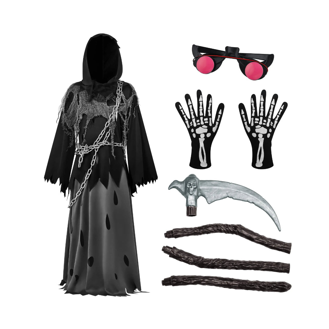 Hudson & Jurgen – Griezelige kostuumcollectie | Set met gewaad en capuchon van de Magere Hein met lichtgevende ogen | Perfect voor Halloweenplezier