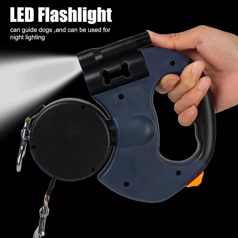 10FT doppelte einziehbare Hundeleine mit eingebauter Taschenlampe und Kotbeutelhalter