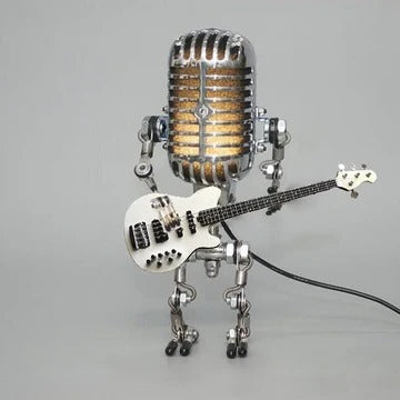 Vintage Metal Microphone Robot With Guitar Lamp