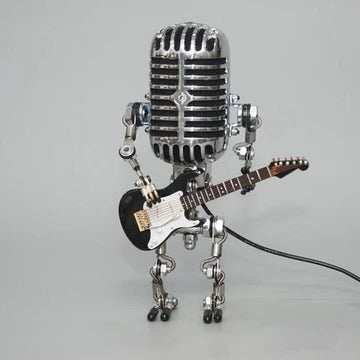 Vintage Metal Microphone Robot With Guitar Lamp