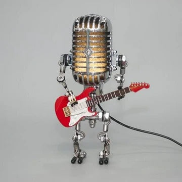 Vintage Metal Microphone Robot With Guitar Lamp