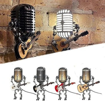 Vintage Metal Microphone Robot With Guitar Lamp