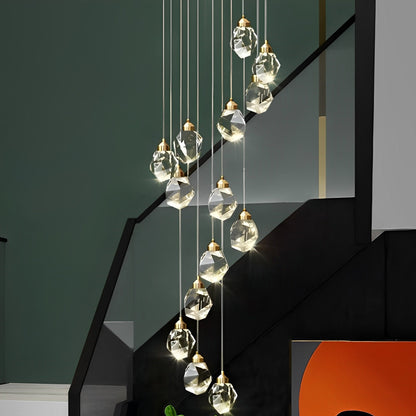 Spiral Crystal Droplets Metal Modern Duplex Staircase Pendant Chandelier